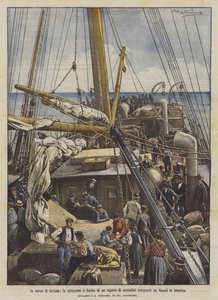 Op zoek naar geluk, het ontbijt aan boord van een stoomschip van boeren die emigreren van Napels naar Amerika door Achille Beltrame