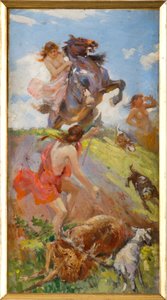 Amazones jagen op een hert door Achille Boschi