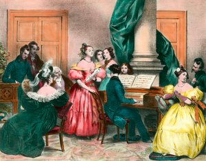 Een muzikale middag in familie Gravure door Achille Deveria (1800-1857) Gravure uit de 19e eeuw. Privécollectie