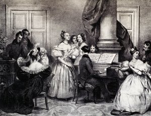 Familieconcert met piano, door Achille Deveria (1800-1857), gravure, Frankrijk