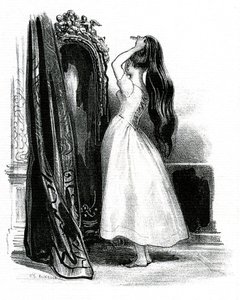 Madame Bovary, voor de roman van Gustave Flaubert - Emma Bovary stapelt haar lange haar op voor haar spiegel