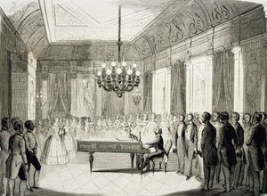 Muzikale avond met piano, door Achille Deveria (1800-1857), gravure, Frankrijk door Achille Devéria