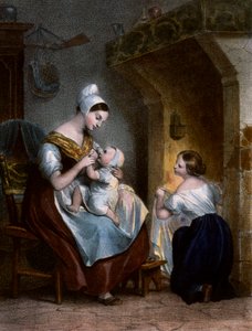 Verpleegster die een baby borstvoeding geeft. Lithografie, c.1850