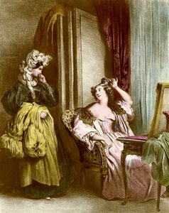 De toilet: een elegante jonge vrouw met haar dienstmeid. Lithografie door Achilles Deveria (1800-1857) 19e eeuw. Privécollectie