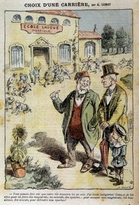Keuze van een carrière: Cartoon over de Laique School - door Achile Lemot (1846-1909), in "Le Pelerin" van 04/04/1909 door Achille Lemot