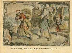 Illustratie van Achille Lemot in Le Pelerin, 03/01/04 - Ze volgen elkaar op, mogen ze niet hetzelfde zijn! Onrechtvaardigheid, Vervolgingen - Kindertijd, Religie, Tijd/Seizoenen, Nieuwjaar - Marianne, Tijd (Allegorie van) - Allegorie, Oppositie/Associatie