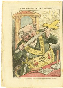 Illustratie door Achille Lemot (1846-1909) in Le Pelerin, 23/05/09 - De slang en de limoen - Antimaconisme Vrijmetselarij, Religie Geloof, Christelijk Kruis, Fabels La Fontaine en anderen, Katholicisme - Secularisatie door Achille Lemot