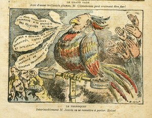 Illustratie door Achille Lemot (1846-1909) in Le Pelerin, 26/01/08 - De grote pauw - Staking, Socialisme, Carmaux, Humanité (dagblad) - Jaurès Jean, Papegaai