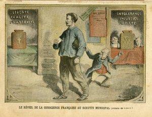Illustratie van Achille Lemot in Le Pelerin, 01/05/04 - Het ontwaken van het Franse geweten bij de gemeenteraadsverkiezingen - Verkiezingen, Religie, Blok van links, Katholicisme - Secularisatie - Combes Emile door Achille Lemot