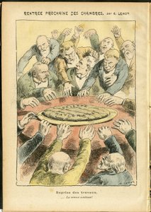 Illustratie van Achille Lemot (1846-1909) in Le Pelerin, 03/06/06 - Volgende verhuur van de kamers - Antiparlementarisme, Kamer van Afgevaardigden Hemicycle, Galette des rois - Afgevaardigde door Achille Lemot