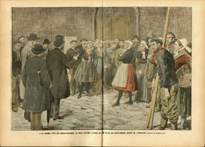 Illustratie van Achille Lemot (1846-1909) in Le Pelerin, 04/02/06 - Religie Geloof, Menigte, Kerken Kathedralen, Katholicisme - Scheiding van Kerk en Staat, Inventarissen/Reacties op inventarissen