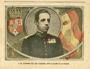 Illustratie van Achille Lemot in Le Pelerin, 04/06/05 - Zijne Majesteit Alfonso XIII, Koning van Spanje, Geëerde Gast van Frankrijk - Spanje, Monarchie, Vlaggen, Buitenlandse Soeverein - Alfonso XIII