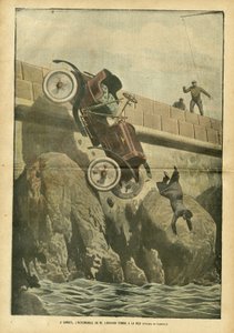 Illustratie van Achille Lemot (1846-1909) in Le Pelerin, 05/05/07 - In Cannes valt de auto van meneer Liegard in zee - Diverse feiten, Auto, Maritiem Marine Kust, Ongelukken Rampen door Achille Lemot
