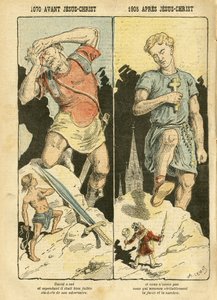 Illustratie van Achille Lemot (1846-1909) in Le Pelerin, 05/11/05 - 1070 v.Chr. Jezus Christus 1905 n.Chr. - Antimaconisme Vrijmetselarij, Religie Geloof, Links Blok, Katholiek Katholicisme - Laïcisering Laïcité Laïques - David, Goliath - Verhalen/Mythos door Achille Lemot