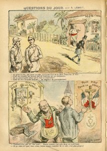 Illustratie van Achille Lemot (1846-1909) in Le Pelerin, 06/10/07 - Vraag van de dag - Kolonisatie Kolonialisme Kolonisme, Antimaconisme Vrijmetselarij, Religie Geloof, Atheïsme, Patriottisme, Ballingschap, Katholiek Katholicisme - Kolonisten, Ontdekkingsr door Achille Lemot