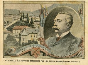 Illustratie van Achille Lemot in Le Pelerin, 07/02/04 - M. Flayelle, verkozen afgevaardigde van Remiremont met 1200 meerderheid stemmen - Verkiezingen, Elzas Lotharingen, Kamer van afgevaardigden Halfrond, Patriottisme, Grenzen, Remiremont, Vogezen - Afgev door Achille Lemot