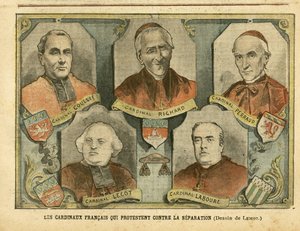 Illustratie in Le Pelerin, 09/04/05 - Franse kardinalen die protesteren tegen scheiding - Religie Geloof, Katholicisme - Scheiding van kerk en staat - Richard Mgr, Perraud Kardinaal, Lecot Kardinaal door Achille Lemot