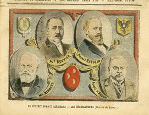 Illustratie van Achille Lemot in Le Pelerin, 09/07/05 - Het Frans-Duitse conflict de onderhandelaars - Kolonisatie Kolonialisme Kolonies, Duitsland Pruisen, Marokko, Frankrijk, Tanger - Rouvier Maurice, Bulow Bernhard von door Achille Lemot