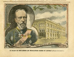 Illustratie van Achille Lemot (1846-1909) in Le Pelerin, 20/08/05 - Het Paleis waar Russische en Japanse onderhandelaars zijn verenigd - Rusland, Japan, Russisch-Japanse Oorlog, Portsmouth - Witte Serge (1849-1915) door Achille Lemot