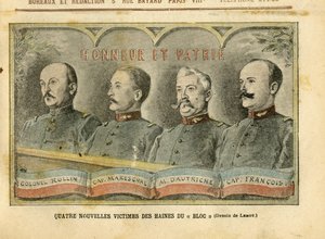 Illustratie van Achille Lemot (1846-1909) in Le Pelerin, 20/11/04 - Vier nieuwe slachtoffers van de haat van het Blok - Leger, Affaire des fiches, Patriottisme - Kolonel Rollin, Kapitein Mareschal, Kapitein Dautriche, François door Achille Lemot