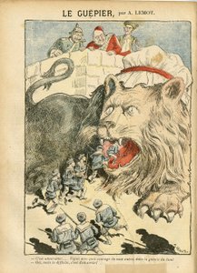 Illustratie van Achille Lemot (1846-1909) in Le Pelerin, 25/08/07 - Le Guepier - Oorlog, Duitsland Pruisen, Engeland Groot-Brittannië, Spanje, Maritiem Marine Kust - Leeuw/Tijger door Achille Lemot