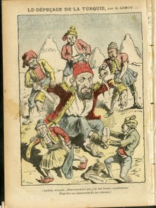 Illustratie van Achille Lemot (1846-1909) in Le Pelerin, 25/10/08 - Het ontleden van Turkije - Turkije, Religie Geloof, Balkan, Bulgarije, Bosnië-Herzegovina, Kreta, Katholiek Katholicisme - Abdul-Hamid II (1842-1918) door Achille Lemot