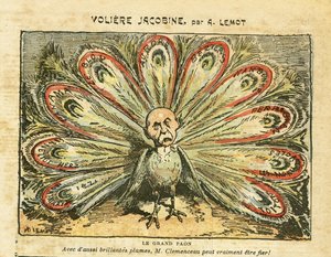 Illustratie van Achille Lemot (1846-1909) in Le Pelerin, 26/01/08 - Voliere jacobine - Bloc des lefts, Wijncrisis Revolte des vignerons, Narbonne, Beziers, Aurore (dagboek) - Clemenceau George, Pauw, - Animalisatie door Achille Lemot