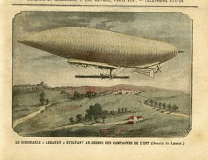 Illustratie van Achille Lemot (1846-1909) in Le Pelerin, 26/11/05 - Het luchtschip Lebaudy evolueert over het oostelijke platteland - Campagne, Ballonnen luchtschepen zeppelins aerostation, Lebaudy door Achille Lemot