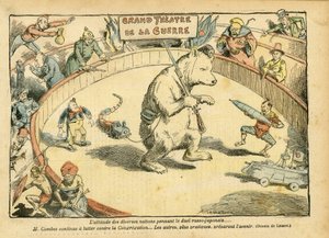 Illustratie van Achille Lemot (1846-1909) in Le Pelerin, 28/02/04 - De houding van verschillende naties... - Rusland, Russisch-Japanse Oorlog - Combes Emile, Beer, Eerlijke Beer - Animalisatie, Carnaval/Spel/Circus