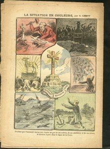 Illustratie van Achille Lemot (1846-1909) in Le Pelerin, 28/02/09 - De situatie in kleur - Religie Geloof, Maritiem Marine Kust, Atheïsme, Ongelukken Rampen, Natuurramp, Christelijk Kruis, Katholiek Katholicisme - Gouden Kalf door Achille Lemot