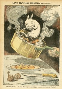 Illustratie van Achille Lemot (1846-1909) in Le Pelerin, 29/01/05 - Konijnstoofpot met wortelen - Affaire des fiches, Gastronomie keuken - Combes Emile (1835-1921), Konijn - Pan - Voedselmetafoor, Animalisatie door Achille Lemot