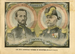 Illustratie van Achille Lemot (1846-1909) in Le Pelerin, 29/05/04 - De laatste twee slachtoffers van het ministerie - Leger, Ministerie van Oorlog, Patriottisme - Secularisatie Seculariteit Seculiere Wetten - Marchand Jean-Baptiste (1863-1924), Generaal door Achille Lemot