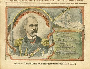 Illustratie van Achille Lemot in Le Pelerin, 30/04/05 - De leider van het nieuwe Russische Verre Oosten Eskader - Rusland, Leger, Marine Zee Kust, Oorlogsschepen - Admiraal Admiralen, Rodjestvensky door Achille Lemot