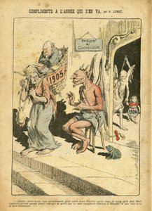 Illustratie van Achille Lemot in Le Pelerin, 31/12/05 - Complimenten van het jaar dat voorbijgaat - Religie Geloof, Katholiek Katholicisme - Combes Emile, Duivel, Tijd (Allegorie van) door Achille Lemot