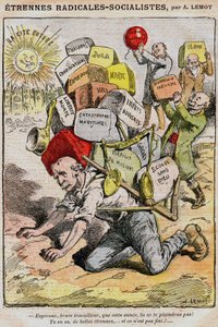 Radicaal-Socialisten: cartoon door Achille Lemot (1846-1909) in Le Pelerin (1909) - een arbeider bezwijkt onder de last van belastingen, belastingen en ongemakken als gevolg van het wanbeheer van de regering en Georges Clemenceau - stakingen