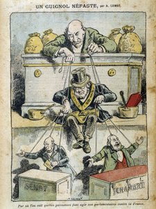 De krachten van geld manipuleren de vrijmetselaar die de gekozen vertegenwoordigers van de Senaat en de Vergadering manipuleert - door Lemot, in 