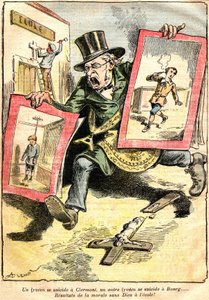 De resultaten: een lyceum zelfmoord in Clermont, een andere in Bourg: resultaten van moraliteit zonder God op school! - Cartoon door Achille Lemot in Le Pelerin (1909) - oppositie van Laïque en religieus onderwijs (Katholiek) - een ambtenaar van de Republi