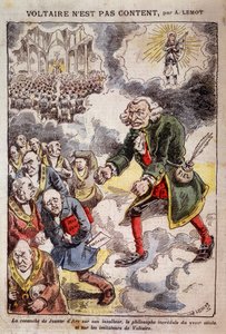Voltaire is niet blij met Achille Lemot - Caricatuur over de Vrijmetselaars - in 