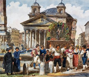 Aardbeienfestival bij het Pantheon in Rome, aquarel door Achille Pinelli door Achille Pinelli