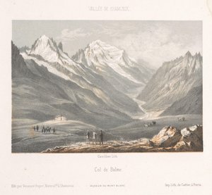 Zicht op het dorp Les Planards op de weg naar Montenvers Herinnering aan Chamonix-Mont-Blanc Museum du Mont-Blanc door Ad. Cuvillier