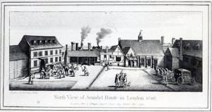 Noordaanzicht van Arundel House in Londen, geëtst door Wenceslaus Hollar in 1646 en gepubliceerd in 1792
