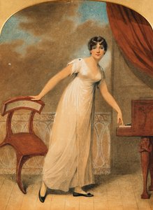 Portret van een dame, staand in een witte jurk bij een piano, 1801