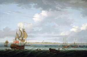 Navigatie voor de kust van Madras, India, met een beschrijving van de haven en de stad en de Britse vlag die wappert over Fort Saint George