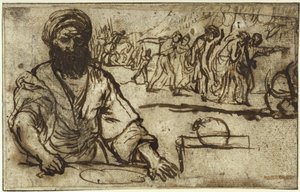Zittende man met een baard, op de achtergrond een stoet van mensen en ruiters door Adam Elsheimer