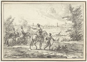 Ruiters op een heuvel voor een stad