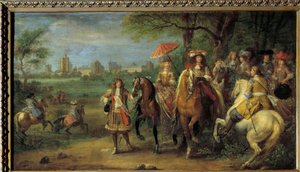 Koning Lodewijk XIV en Koningin Marie-Therese van Oostenrijk wandelen voor het kasteel van Vincennes in 1669 door Adam Frans van der Meulen