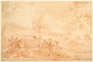 Landschap, met een aanval op een konvooi van koetsen door Adam Frans van der Meulen