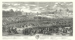 Lodewijk XIV van Frankrijk en zijn garde steken de Pont-Neuf in Parijs over op weg naar het Palais du Louvre door Adam Frans van der Meulen