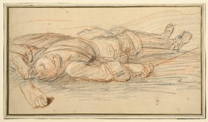 Studie voor een krijger liggend op het slagveld, en een extra studie van de linkerhand door Adam Frans van der Meulen