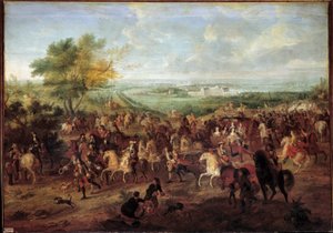 Rit met koets van koning Lodewijk XIV, koningin Marie Thérèse van Oostenrijk, dauphin Louis en dauphine voor het kasteel van Clagny in Versailles door Adam Frans van der Meulen